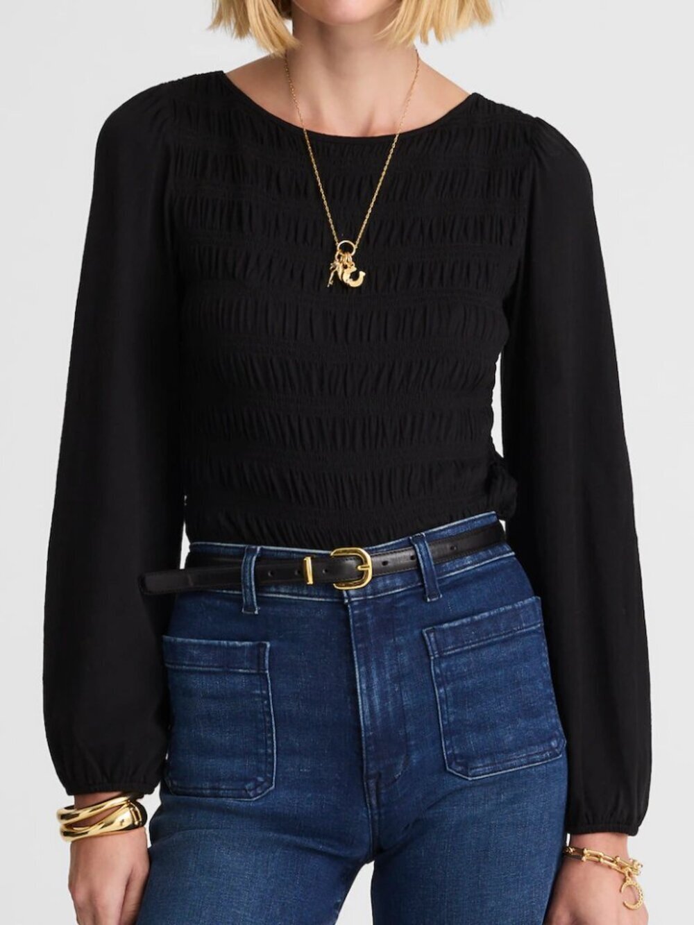 Madewell Smocked Cotton Boatneck Puff Sleeves Slim Fit Top Black Size XS NWT